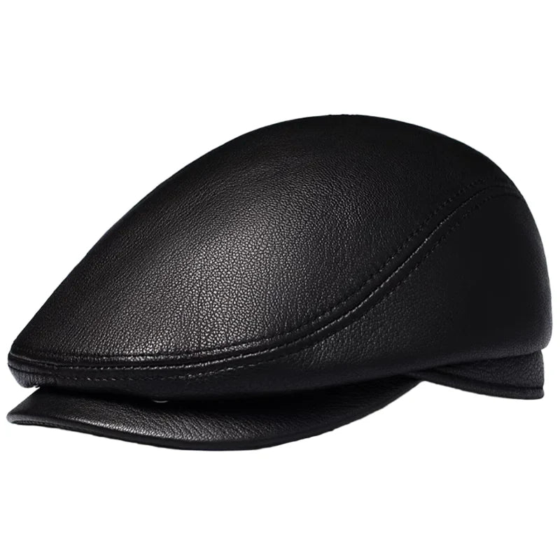 Atlanta Black Genuine Leather Earflaps Flat Cap