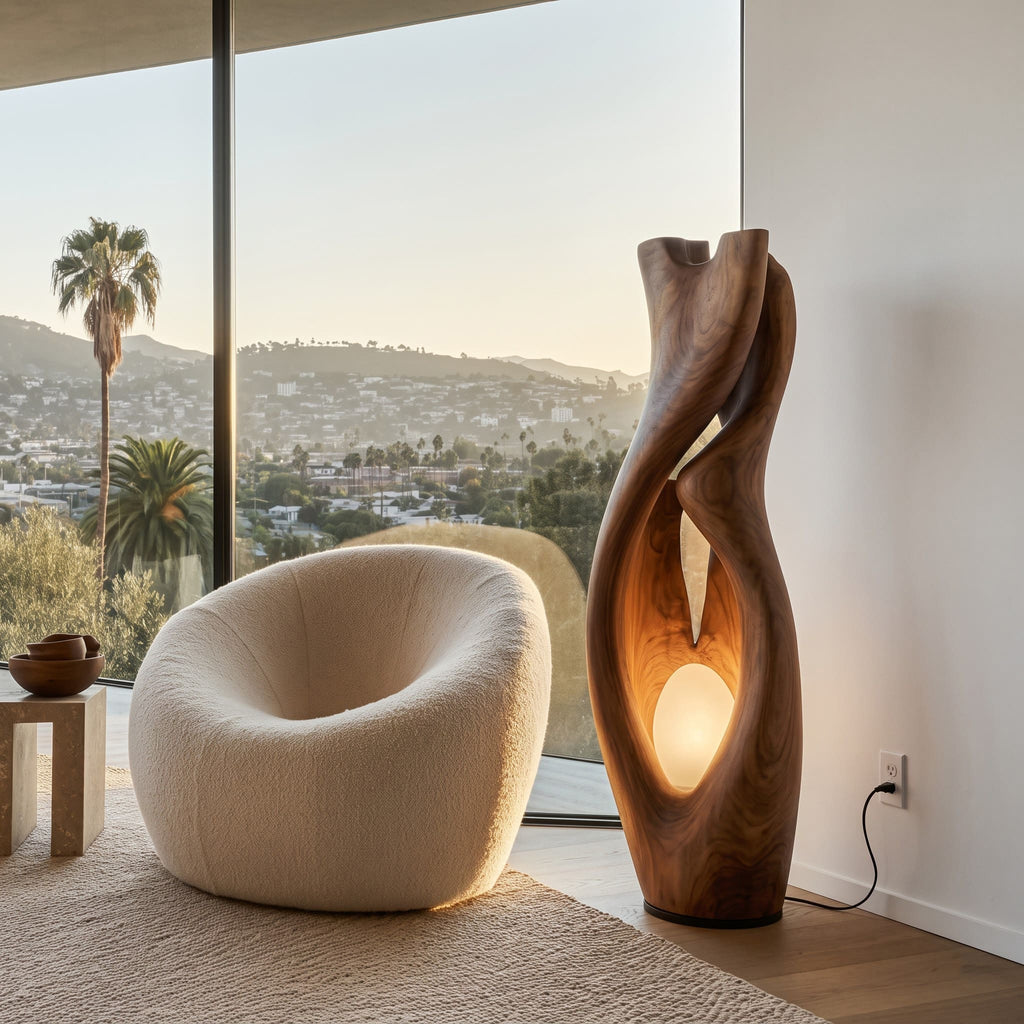 Authentic Hand-Carved Solid Wood Abstract Floor Lamp