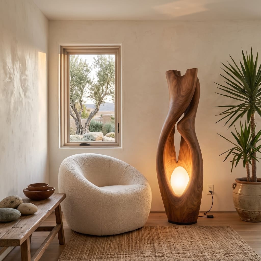 Authentic Hand-Carved Solid Wood Abstract Floor Lamp