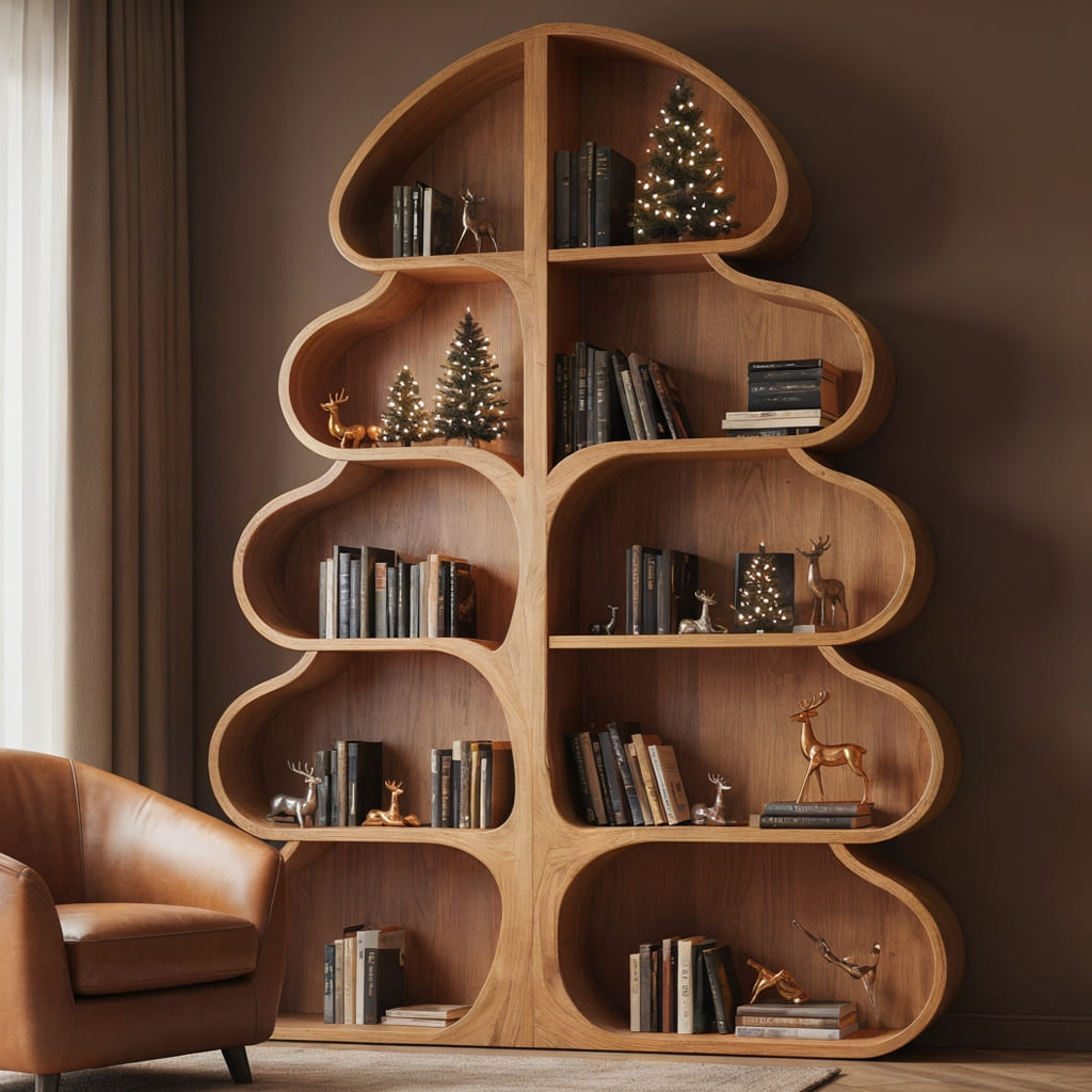 Authentic Hand-Carved Solid Wood Christmas Tree Bookshelf