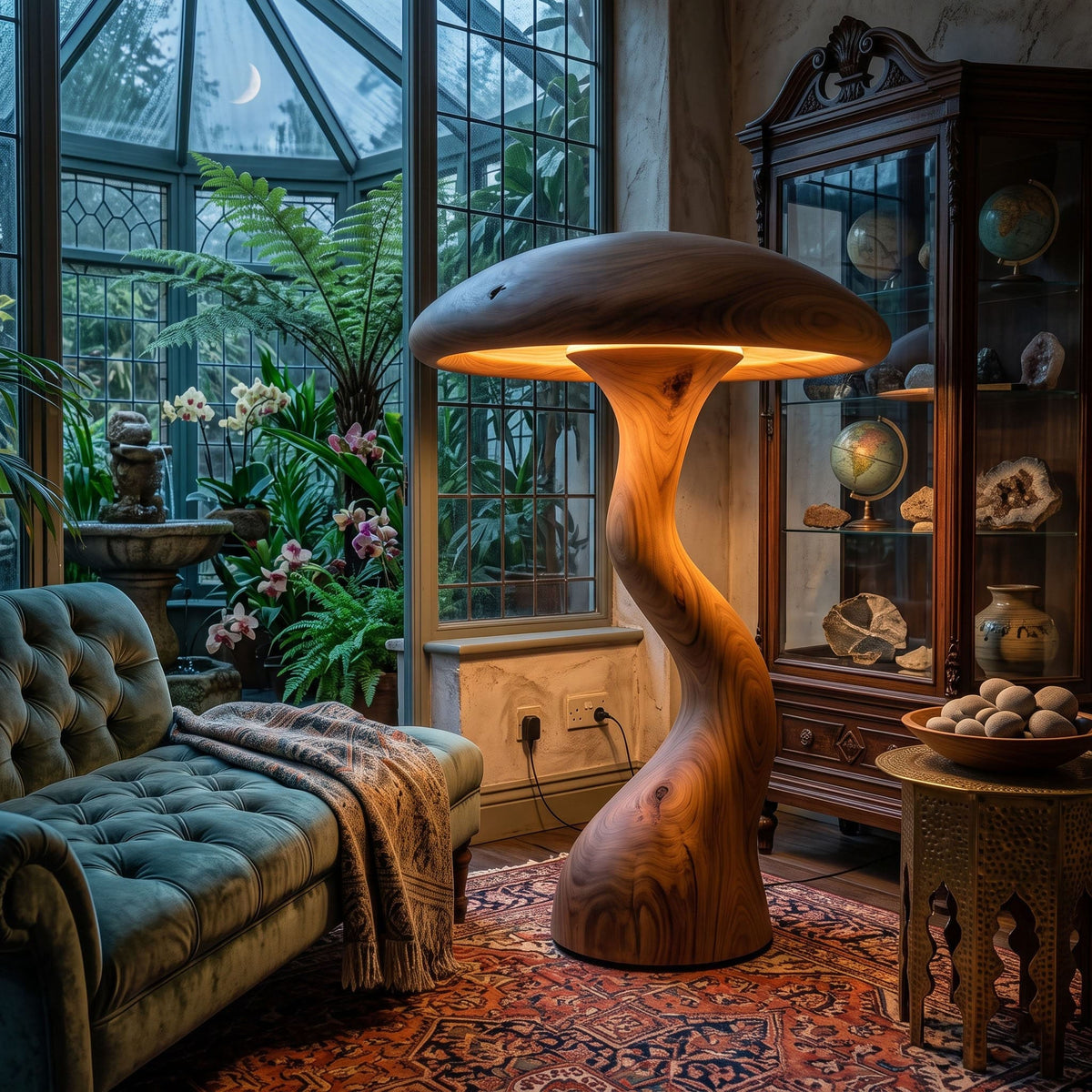Authentic Hand-Carved Solid Wood Mushroom Floor Lamp