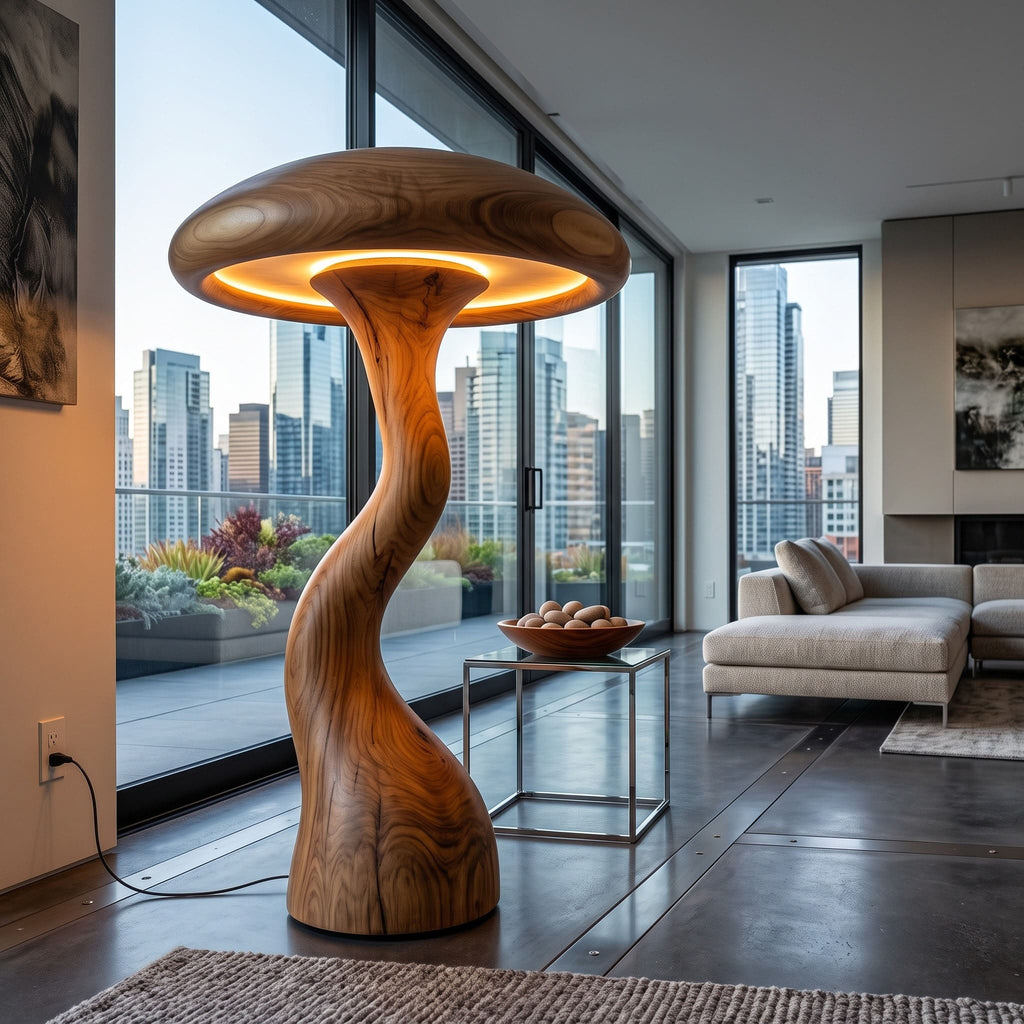 Authentic Hand-Carved Solid Wood Mushroom Floor Lamp
