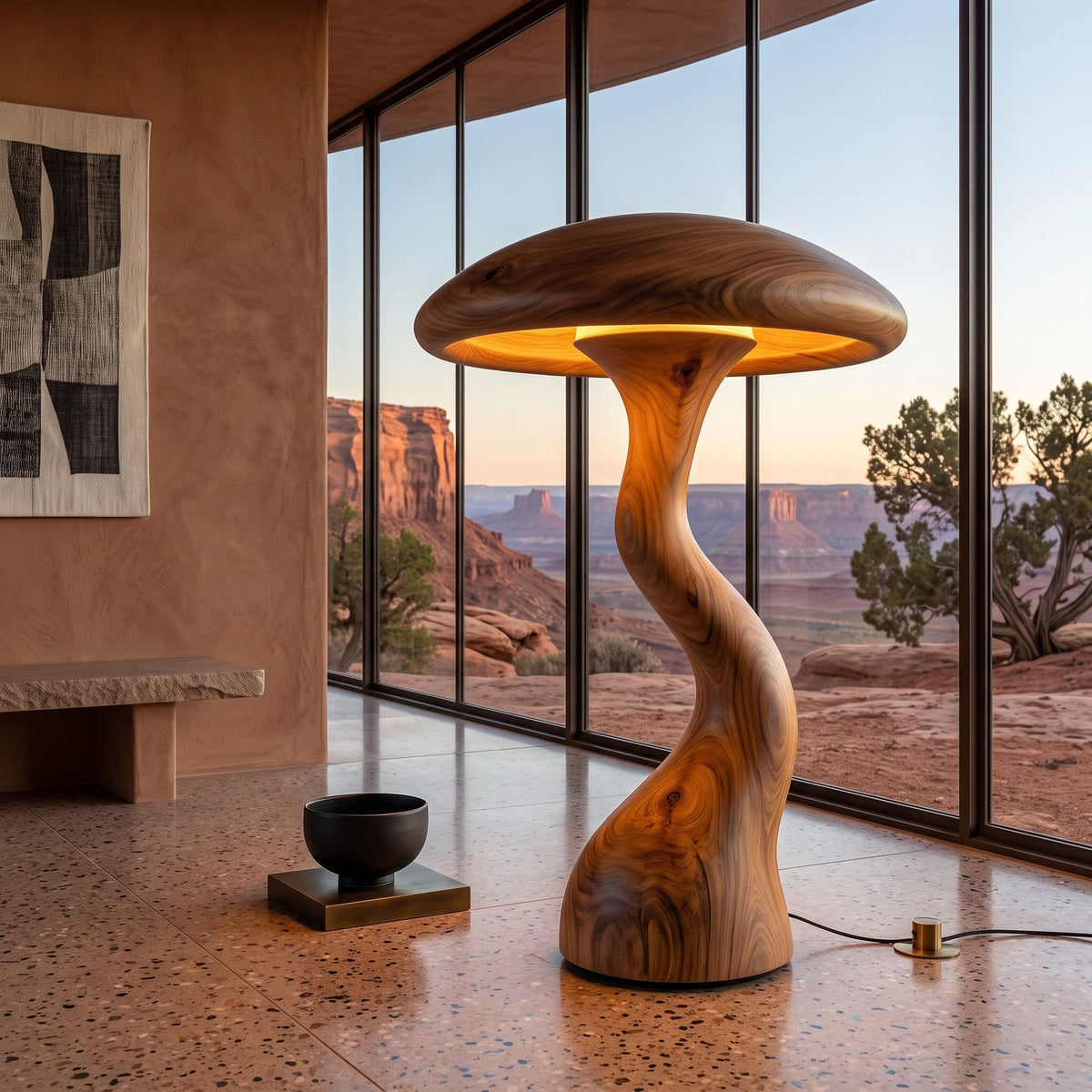 Authentic Hand-Carved Solid Wood Mushroom Floor Lamp