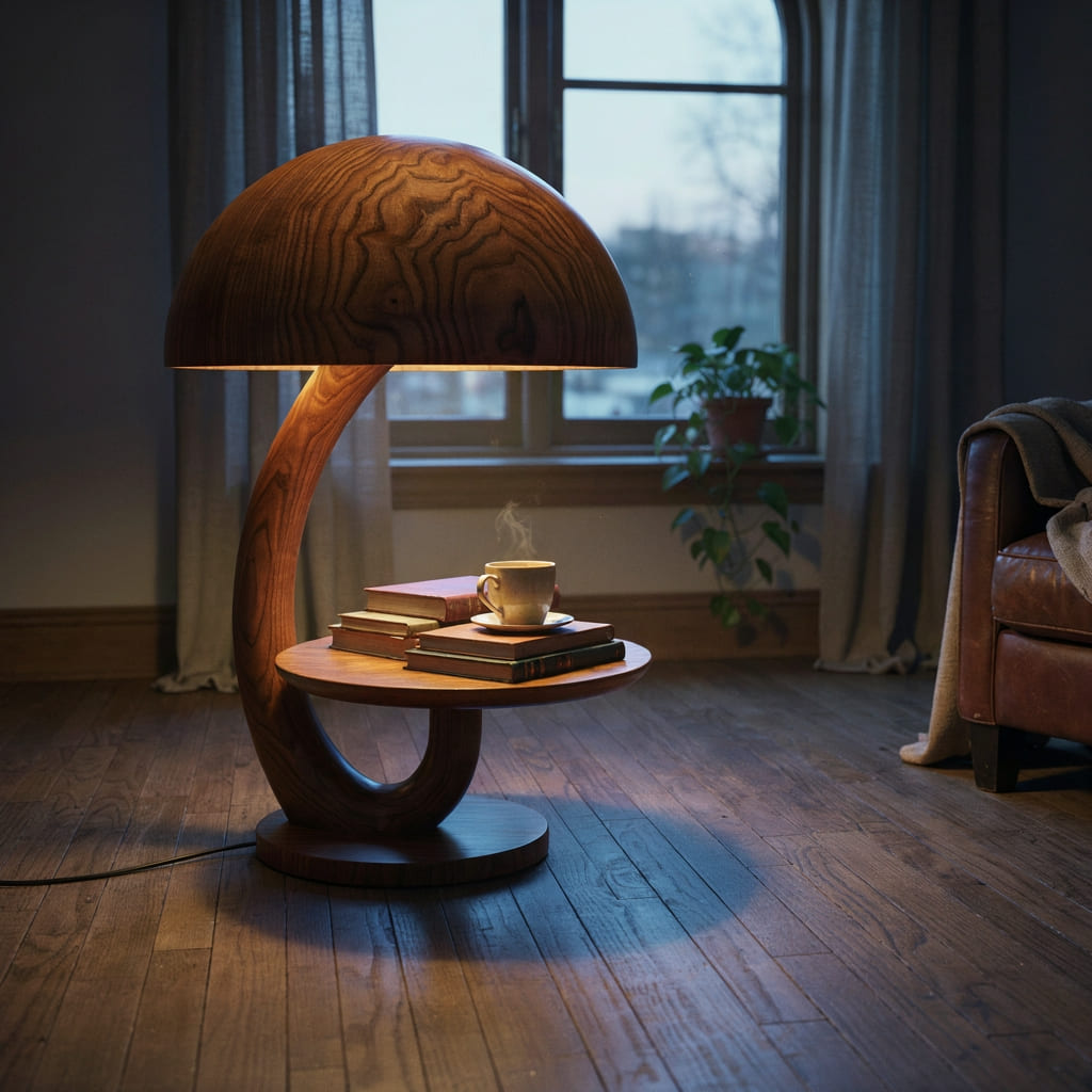 Authentic Hand-Carved Solid Wood Mushroom Lamp Side Table