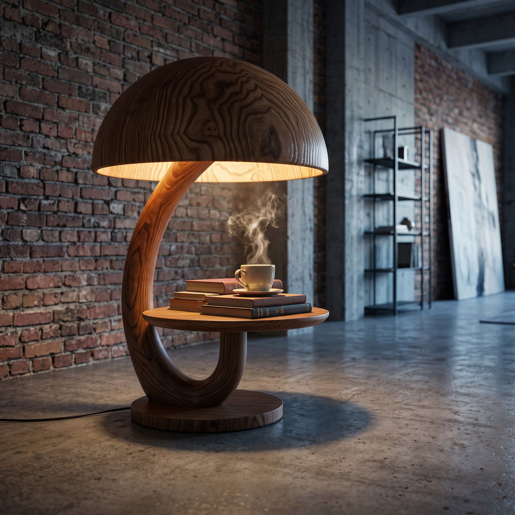 Authentic Hand-Carved Solid Wood Mushroom Lamp Side Table
