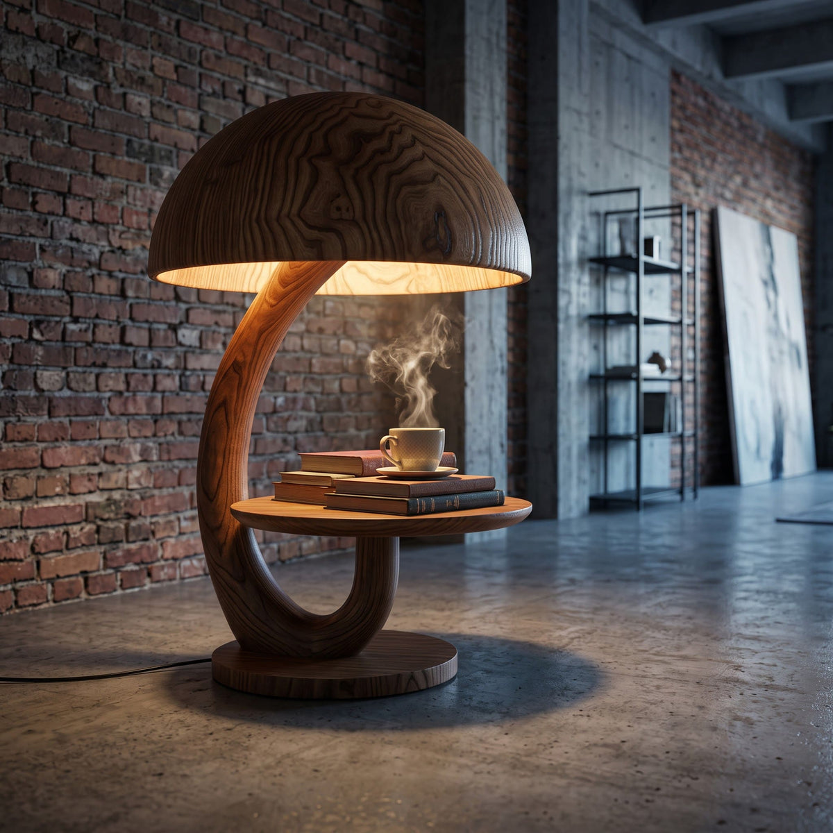 Authentic Hand-Carved Solid Wood Mushroom Lamp Side Table