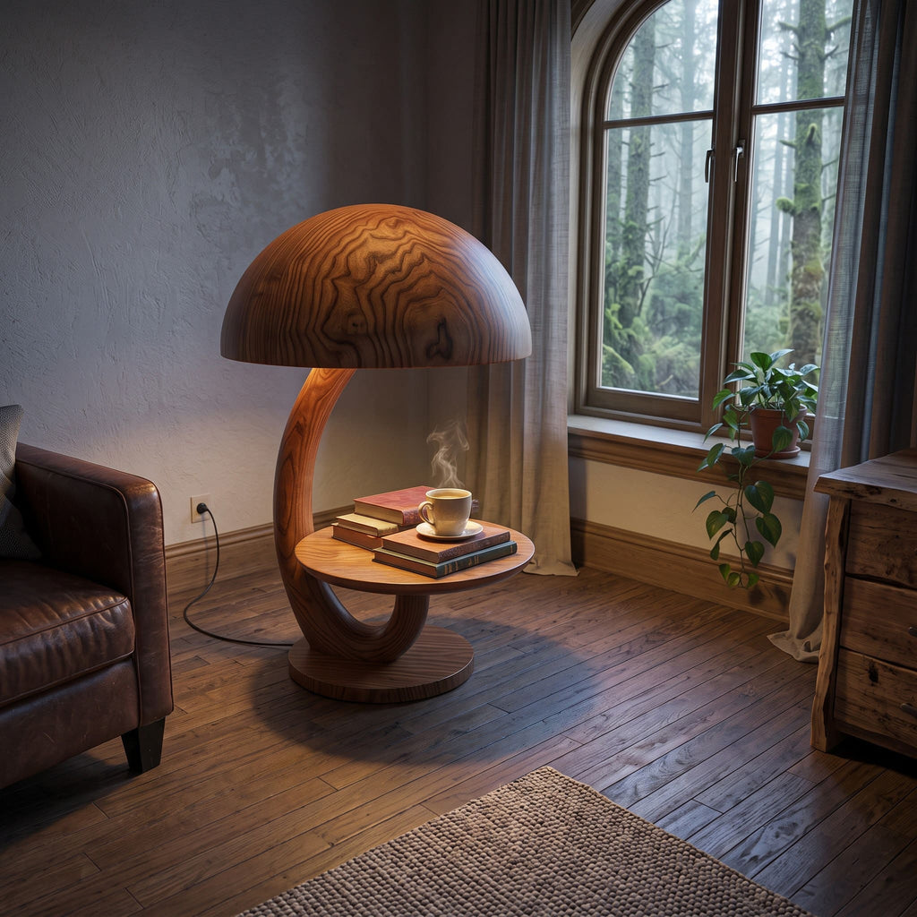 Authentic Hand-Carved Solid Wood Mushroom Lamp Side Table