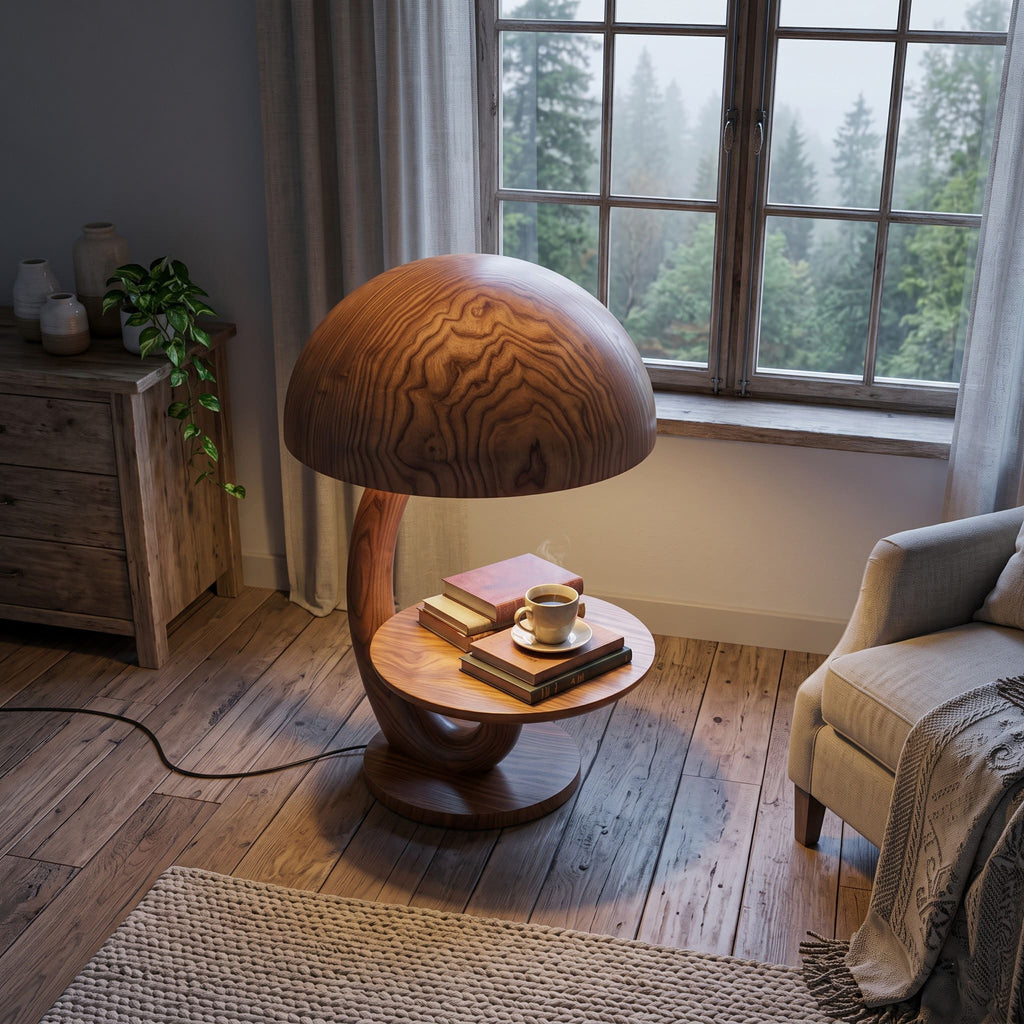 Authentic Hand-Carved Solid Wood Mushroom Lamp Side Table