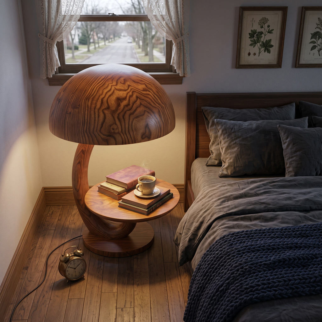 Authentic Hand-Carved Solid Wood Mushroom Lamp Side Table