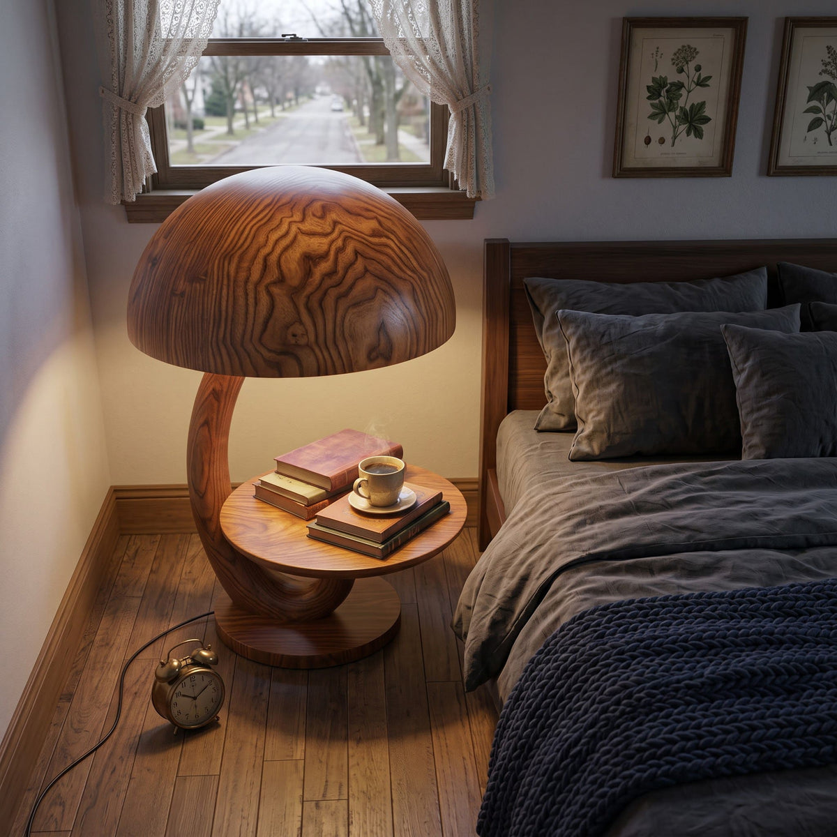 Authentic Hand-Carved Solid Wood Mushroom Lamp Side Table