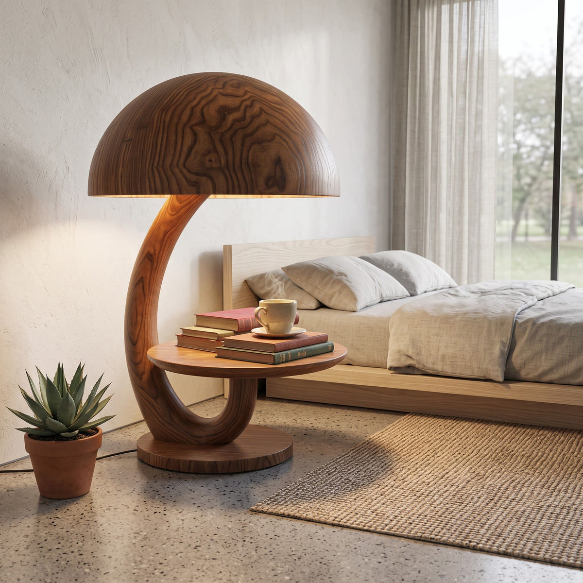 Authentic Hand-Carved Solid Wood Mushroom Lamp Side Table