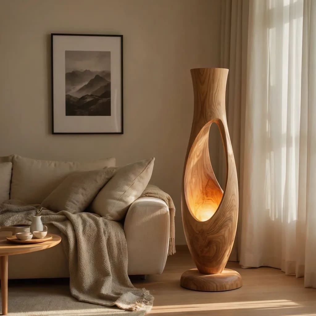 Authentic Hand-Carved Solid Wood Sculptural Floor Lamp