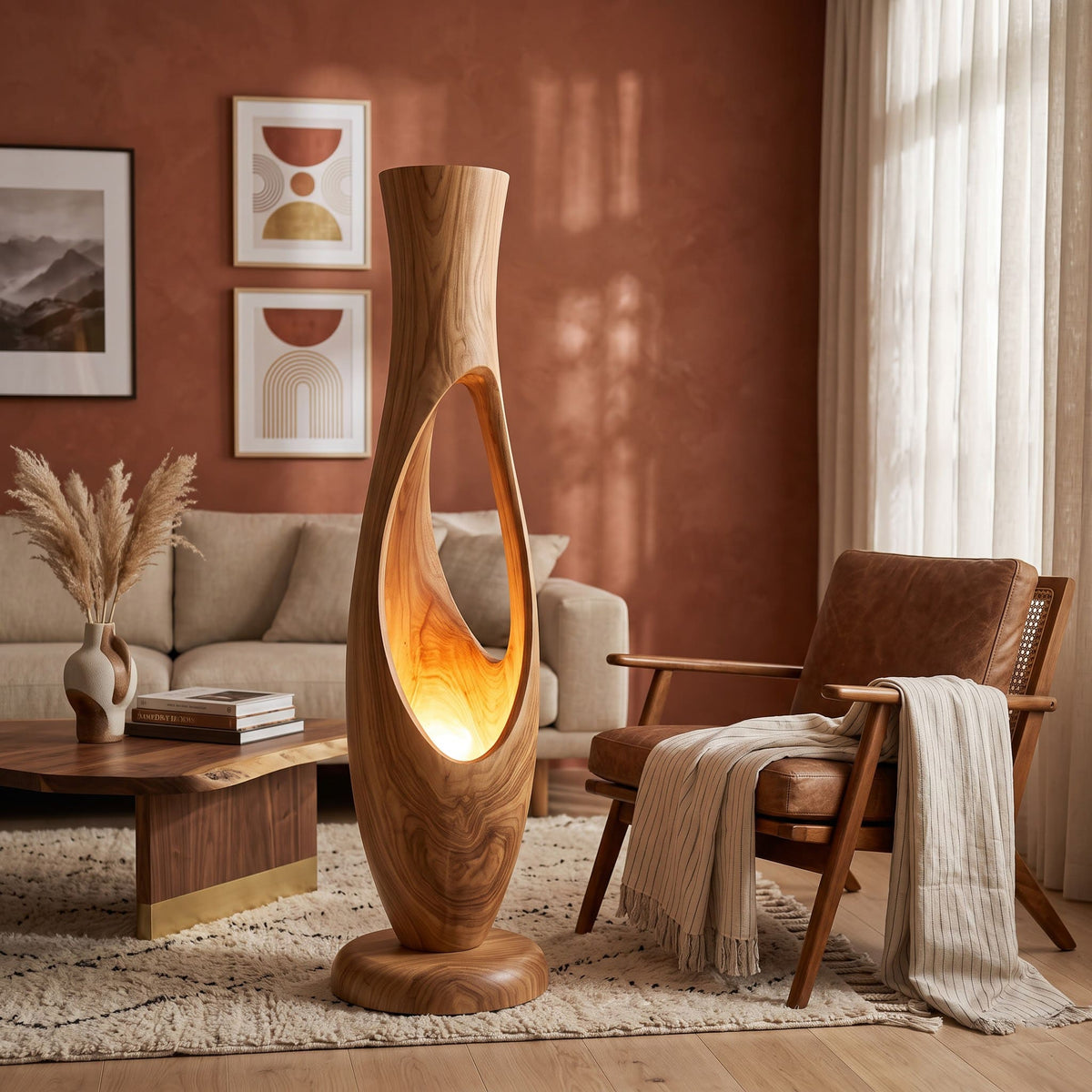 Authentic Hand-Carved Solid Wood Sculptural Floor Lamp