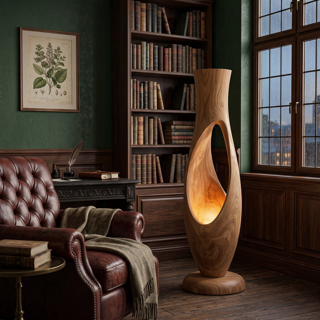 Authentic Hand-Carved Solid Wood Sculptural Floor Lamp