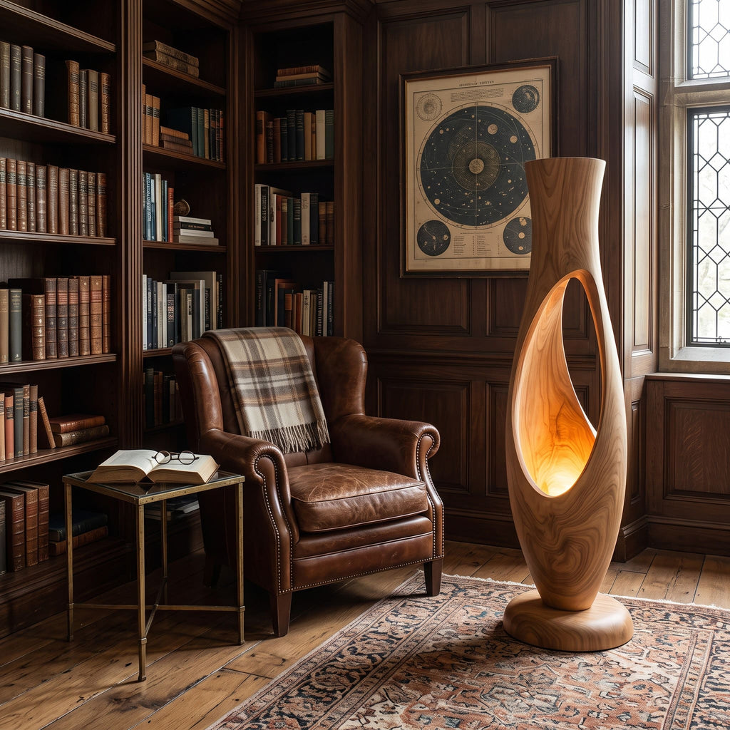 Authentic Hand-Carved Solid Wood Sculptural Floor Lamp