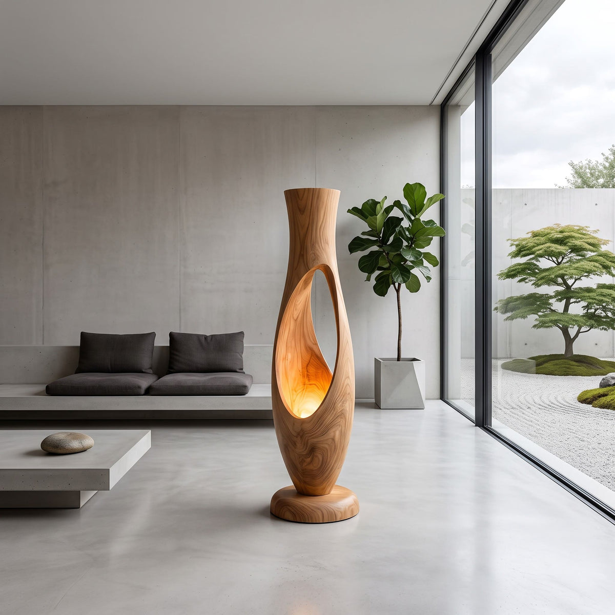 Authentic Hand-Carved Solid Wood Sculptural Floor Lamp
