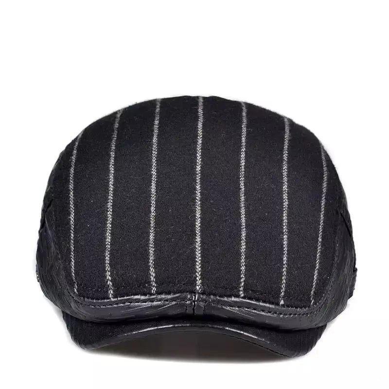 Berlin Striped Black Genuine Leather Flat Cap