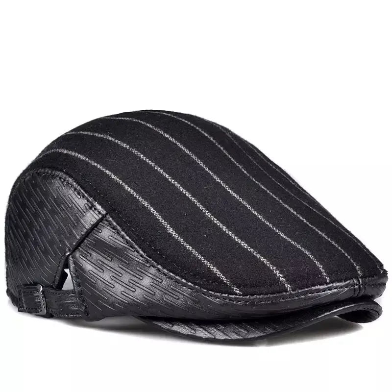 Berlin Striped Black Genuine Leather Flat Cap