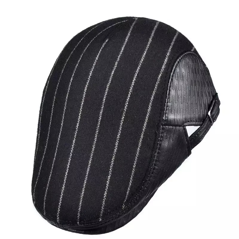 Berlin Striped Black Genuine Leather Flat Cap