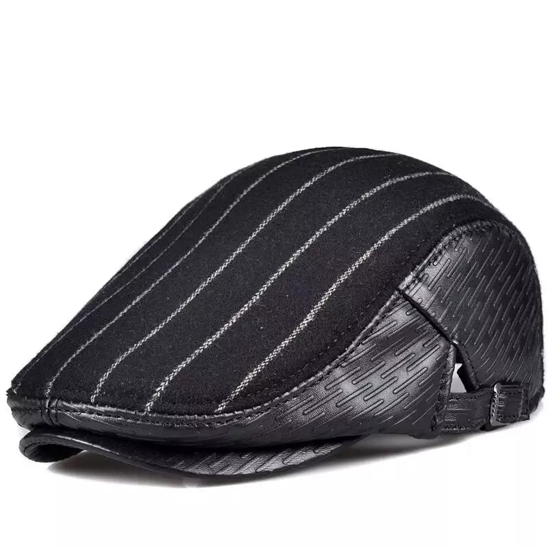 Berlin Striped Black Genuine Leather Flat Cap