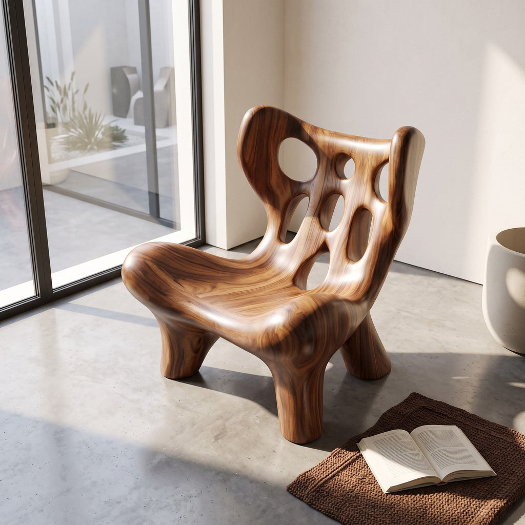 Biomorphic Perforated Solid Wood Accent Chair Organic Fluid Sculptural Lounger