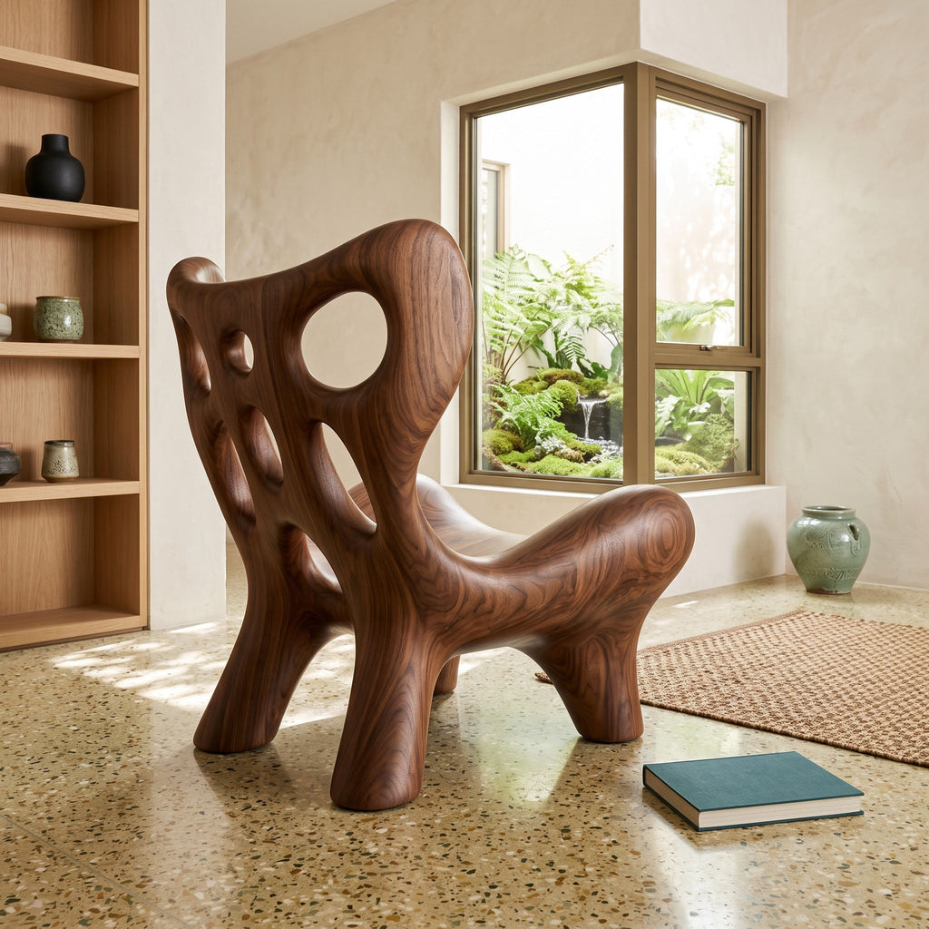 Biomorphic Perforated Solid Wood Accent Chair Organic Fluid Sculptural Lounger