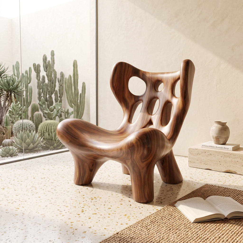 Biomorphic Perforated Solid Wood Accent Chair Organic Fluid Sculptural Lounger