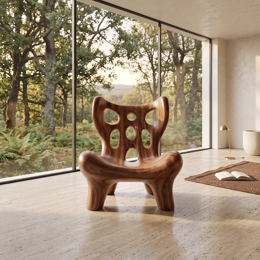 Biomorphic Perforated Solid Wood Accent Chair Organic Fluid Sculptural Lounger