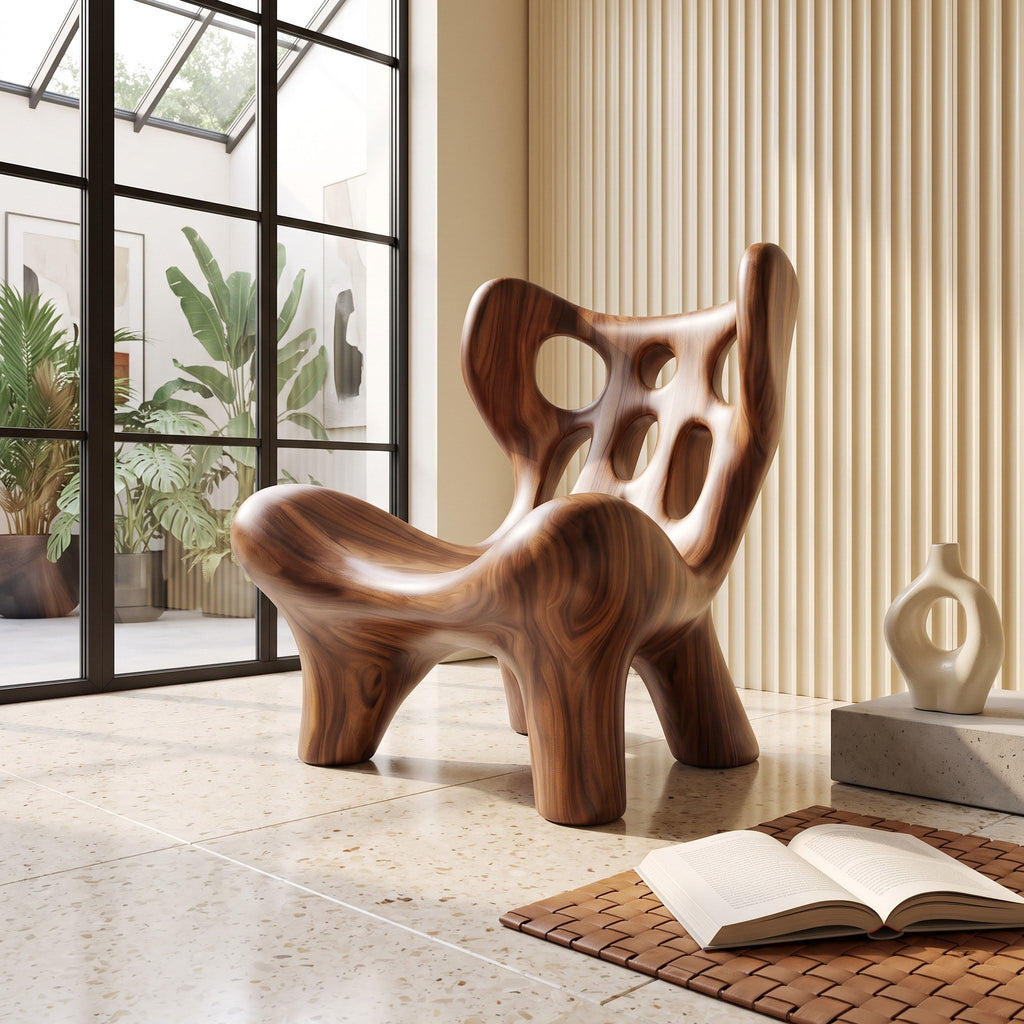 Biomorphic Perforated Solid Wood Accent Chair Organic Fluid Sculptural Lounger