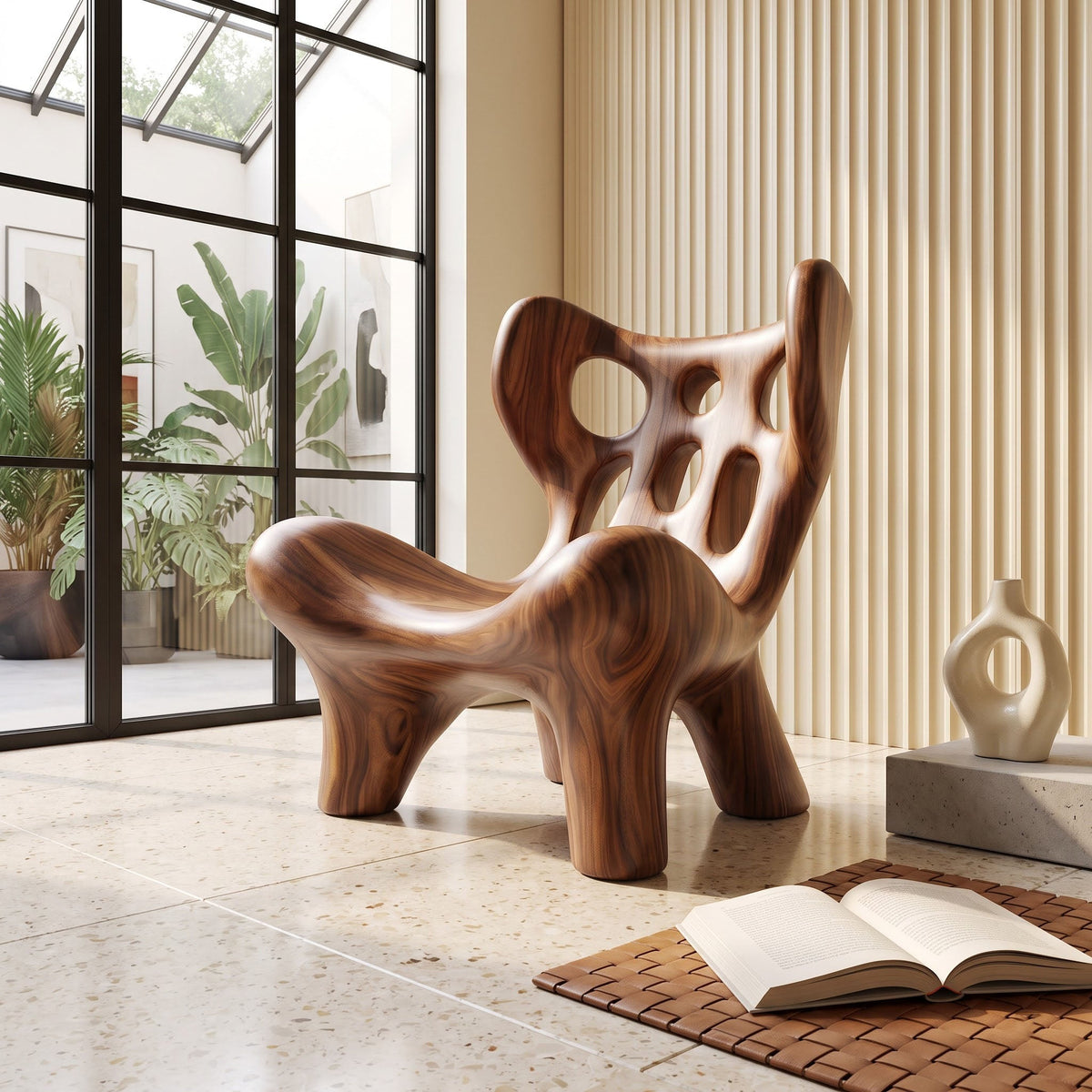 Biomorphic Perforated Solid Wood Accent Chair Organic Fluid Sculptural Lounger