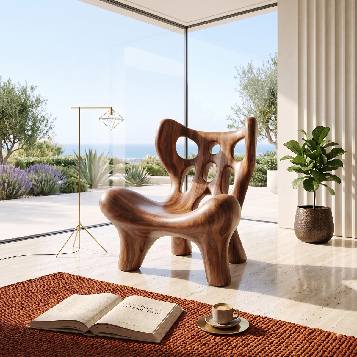 Biomorphic Perforated Solid Wood Accent Chair Organic Fluid Sculptural Lounger