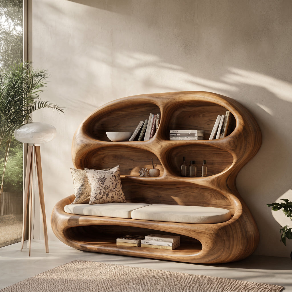 Biomorphic Solid Wood Lounge Daybed & Bookshelf