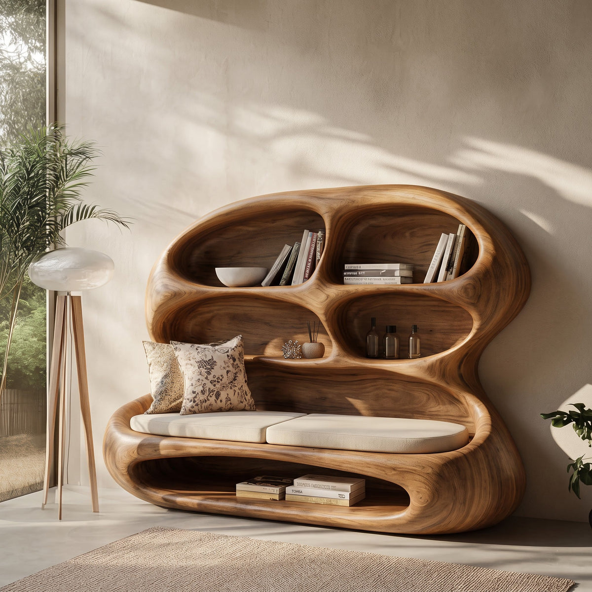 Biomorphic Solid Wood Lounge Daybed & Bookshelf