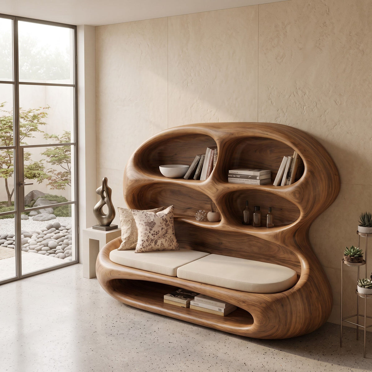 Biomorphic Solid Wood Lounge Daybed & Bookshelf