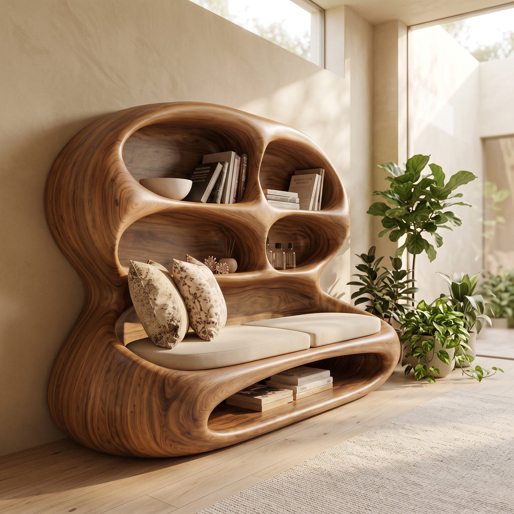 Biomorphic Solid Wood Lounge Daybed & Bookshelf