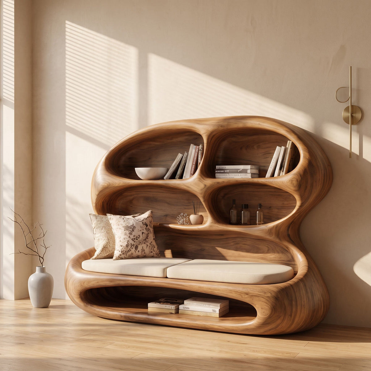Biomorphic Solid Wood Lounge Daybed & Bookshelf