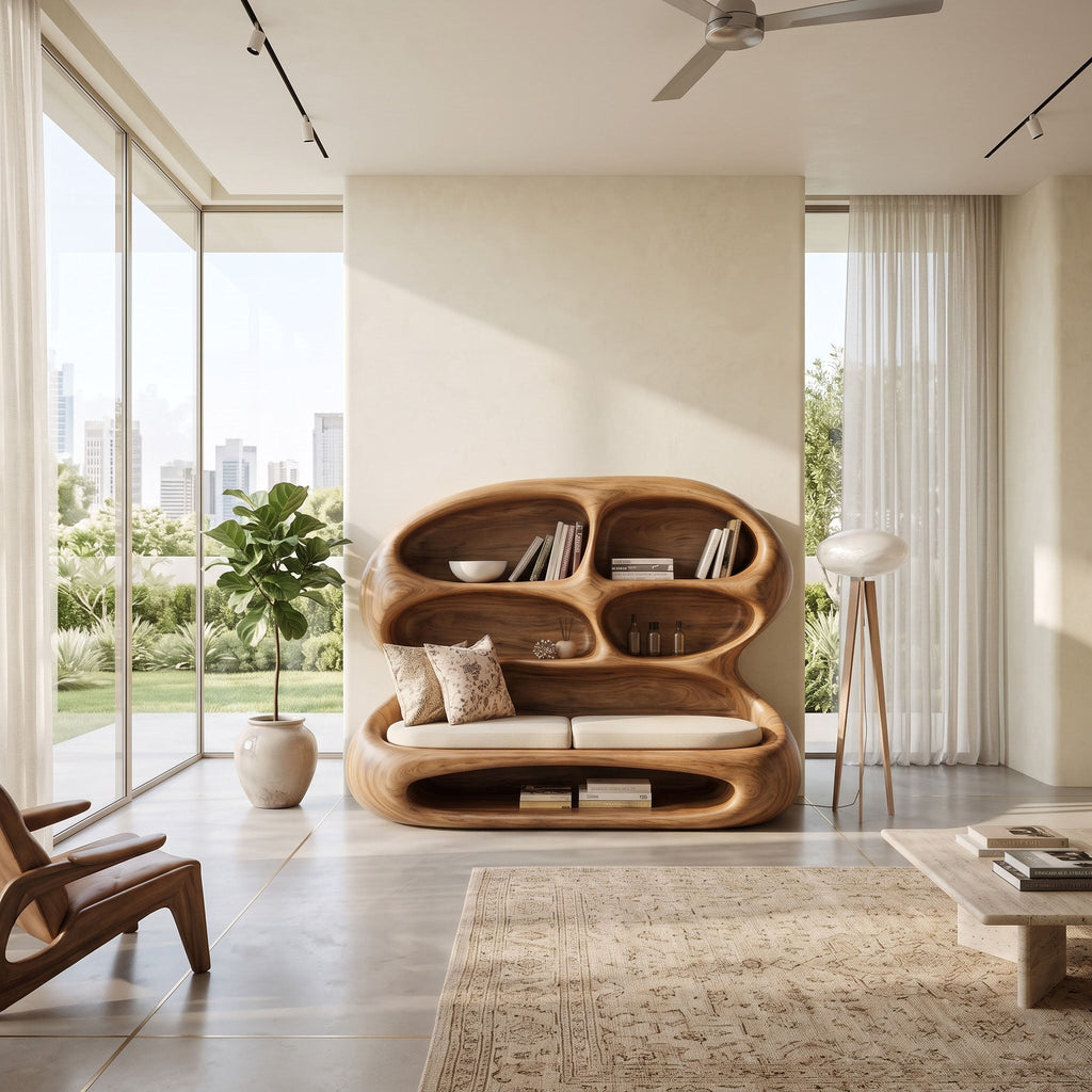 Biomorphic Solid Wood Lounge Daybed & Bookshelf