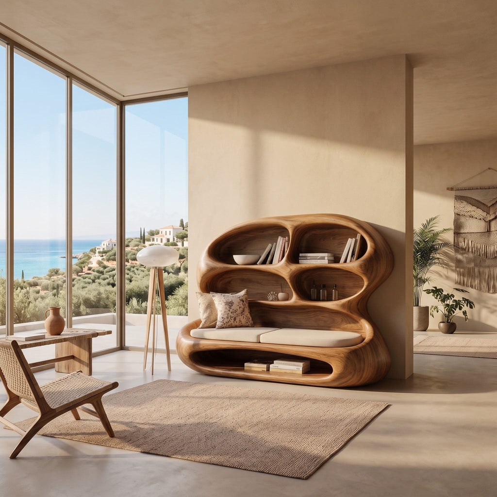 Biomorphic Solid Wood Lounge Daybed & Bookshelf