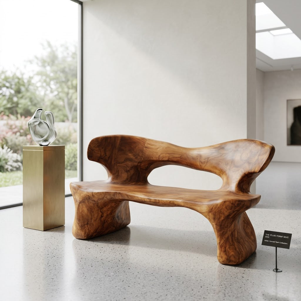 Biomorphic Solid Wood Sculptural Bench