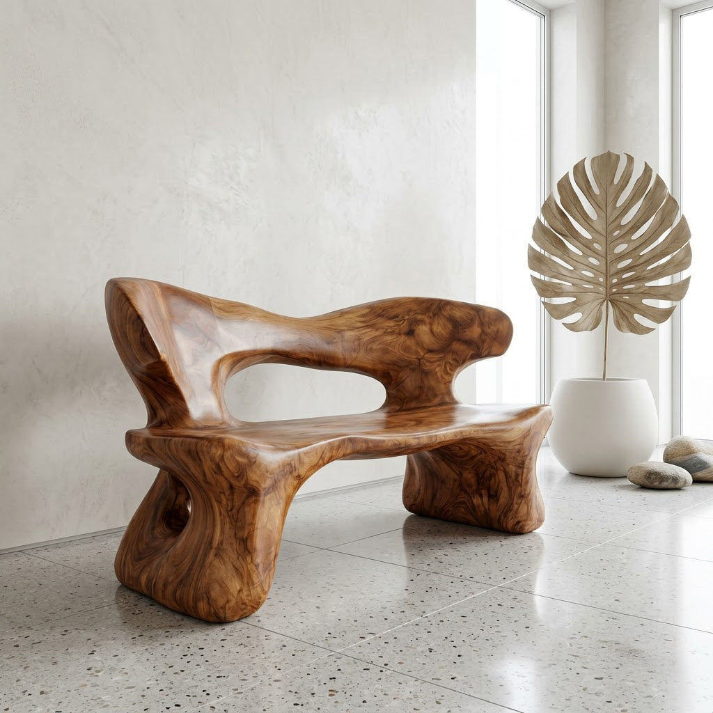 Biomorphic Solid Wood Sculptural Bench