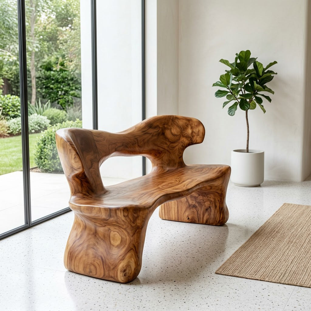 Biomorphic Solid Wood Sculptural Bench