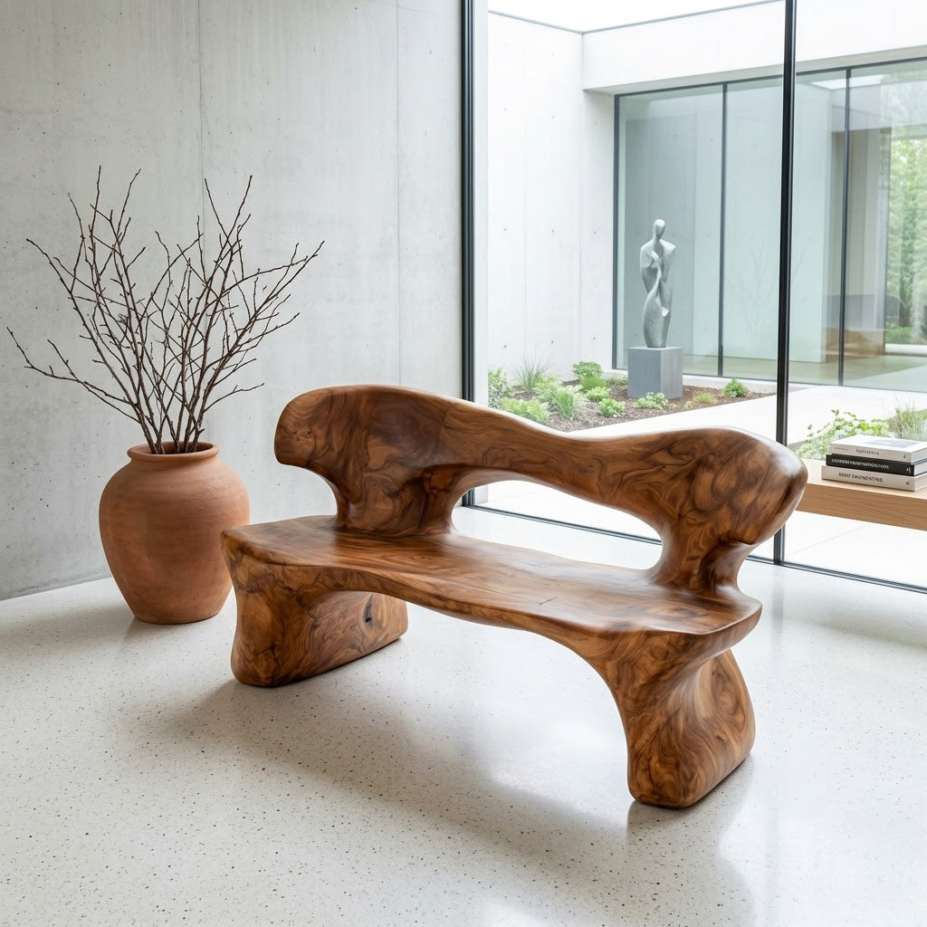 Biomorphic Solid Wood Sculptural Bench