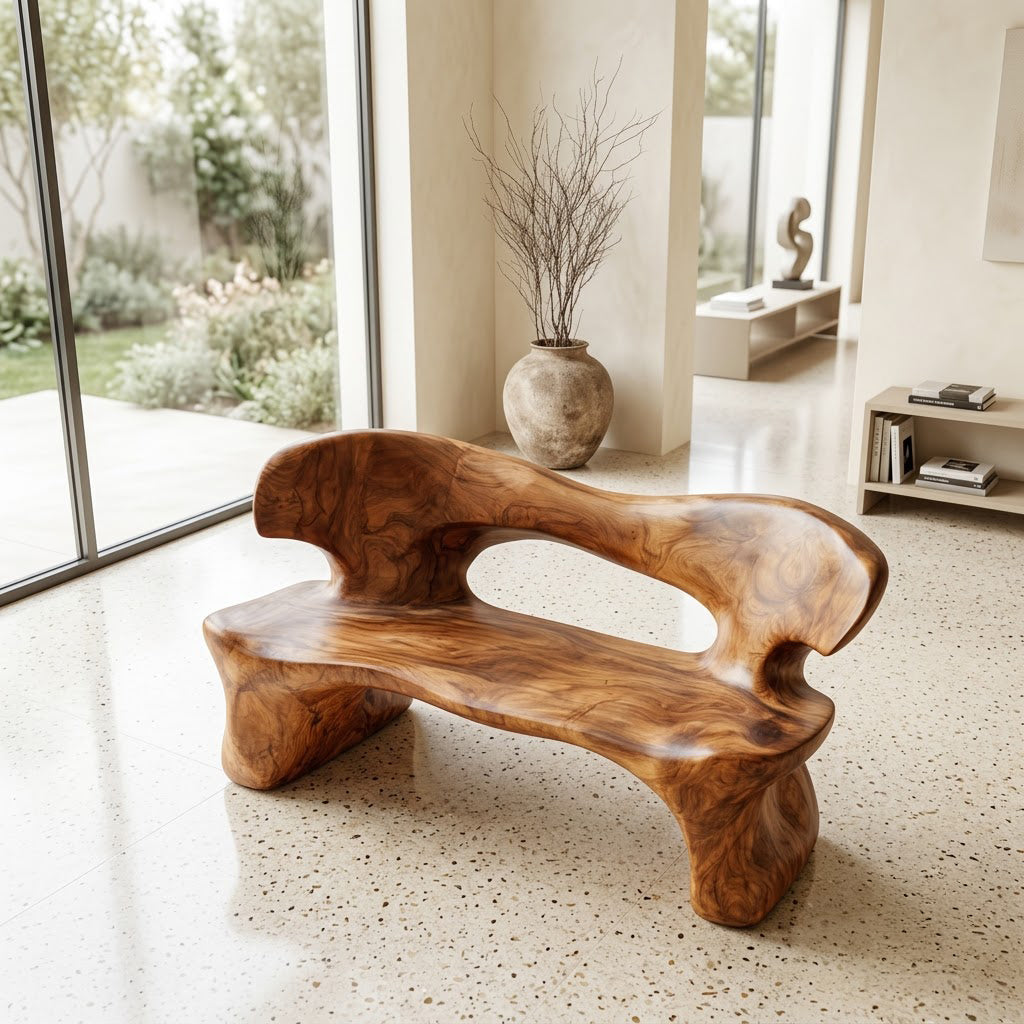 Biomorphic Solid Wood Sculptural Bench