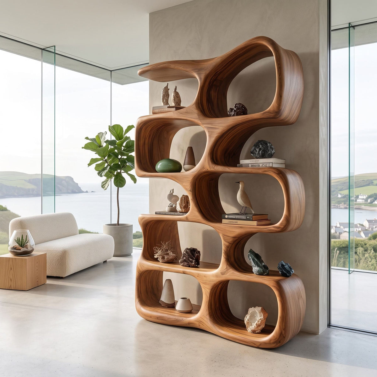 Biomorphic Solid Wood Sculptural Display Shelf