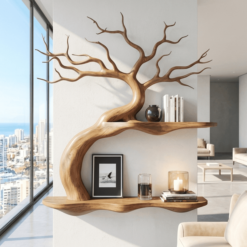 Biophilic Sculptural Solid Wood Bonsai Tree Wall Shelf