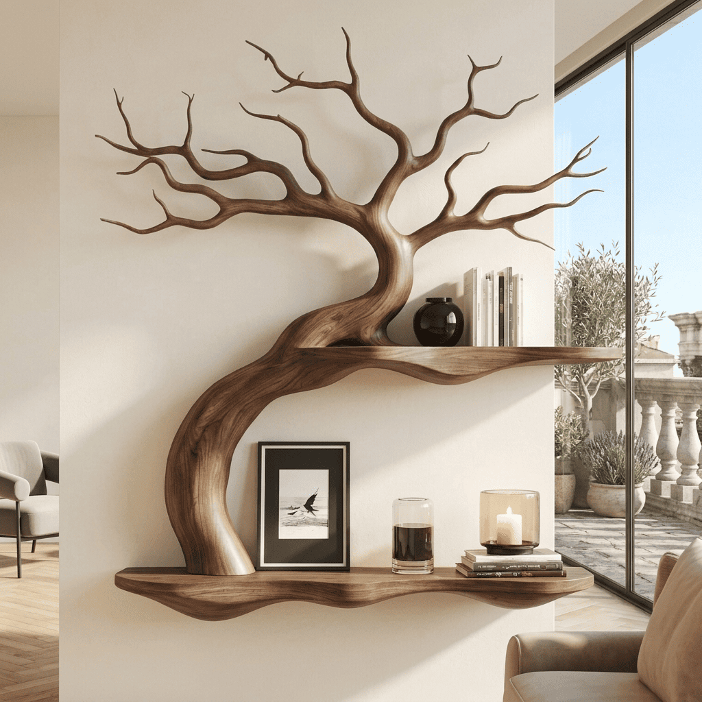 Biophilic Sculptural Solid Wood Bonsai Tree Wall Shelf
