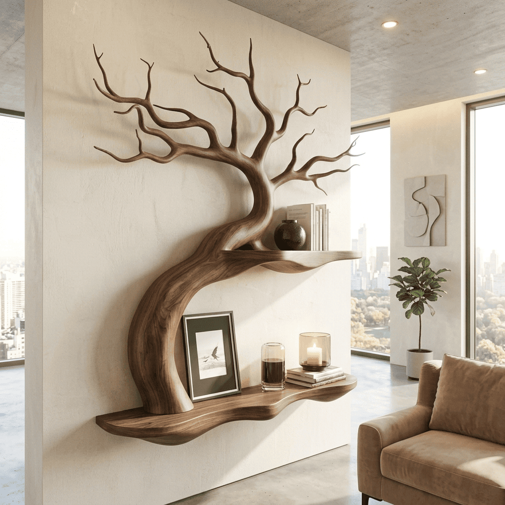 Biophilic Sculptural Solid Wood Bonsai Tree Wall Shelf