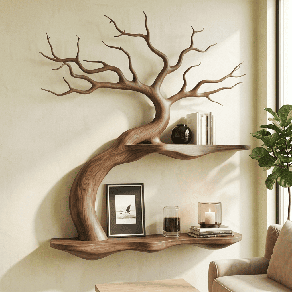 Biophilic Sculptural Solid Wood Bonsai Tree Wall Shelf