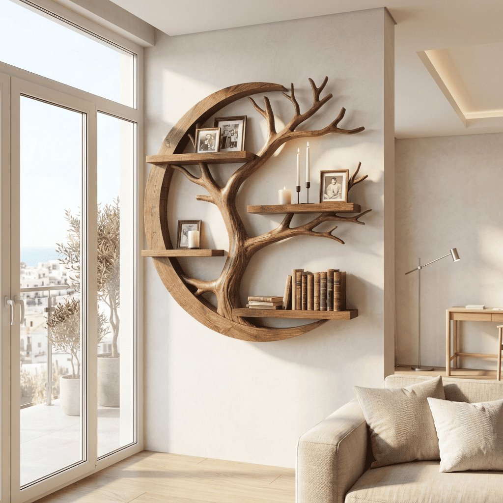 Biophilic Sculptural Solid Wood Crescent Moon Tree Wall Shelf