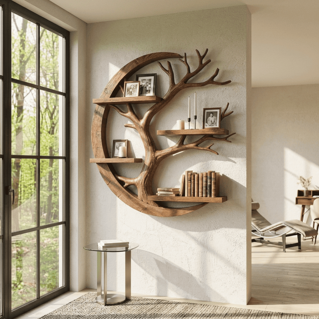 Biophilic Sculptural Solid Wood Crescent Moon Tree Wall Shelf